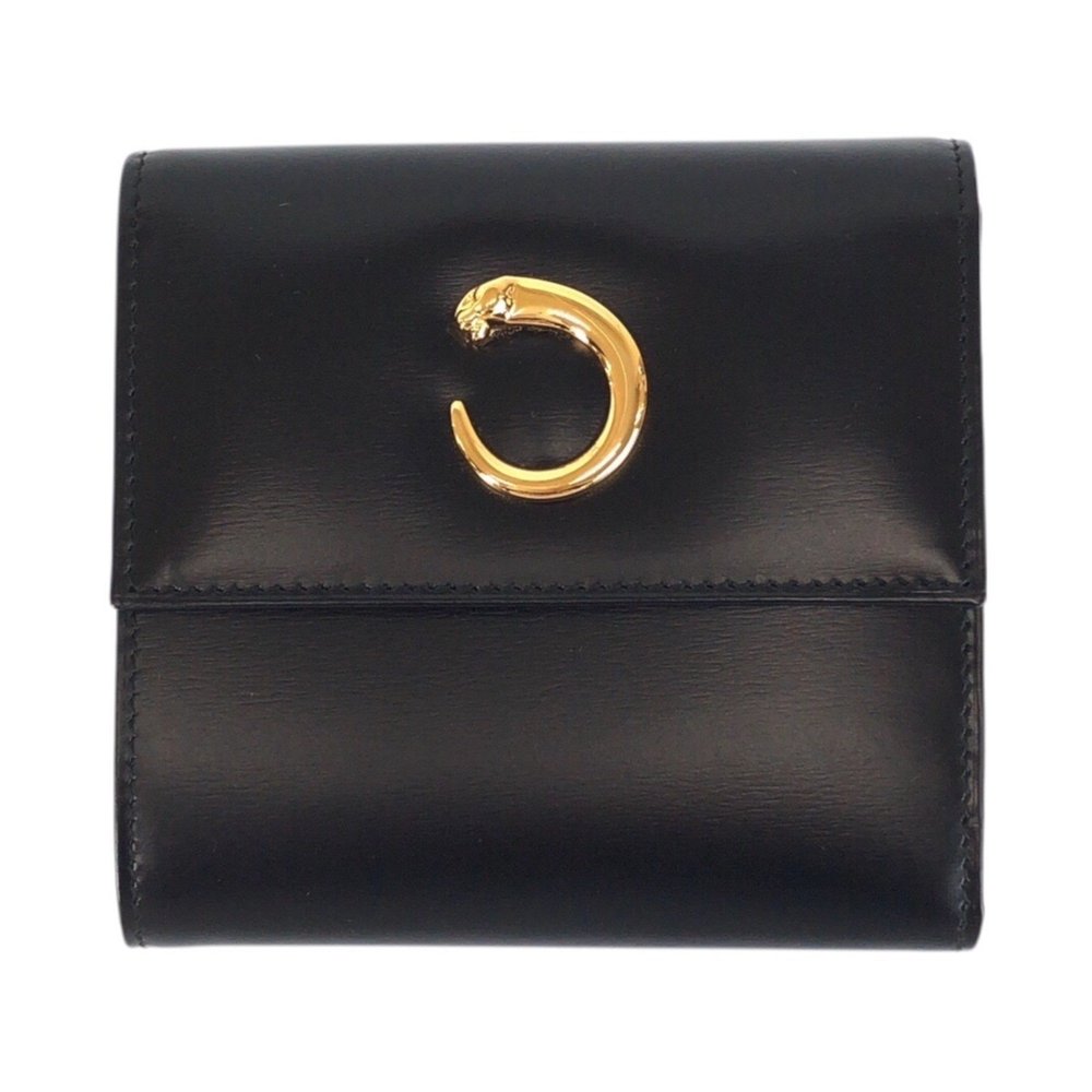 CARTIER Panther Black Calfskin Tri-fold Wallet with Gold Hardware, Compact for